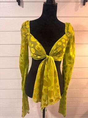 Lovers + Friends Sheer Tie-Front Polka Dot Crop Top in Citron Green - small